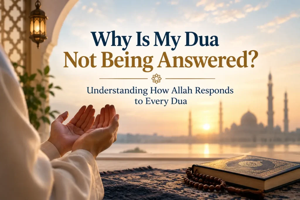 Person praying with hands raised in supplication, illustrating why a dua might not be answered immediately in Islam