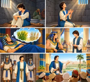 Illustration of Prophet Yusuf (AS) in prison showing patience and worshipping Allah