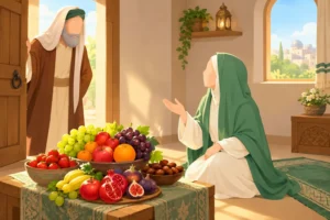 Prophet Zakariya visiting Maryam in her prayer room with out of season fruit illustration
