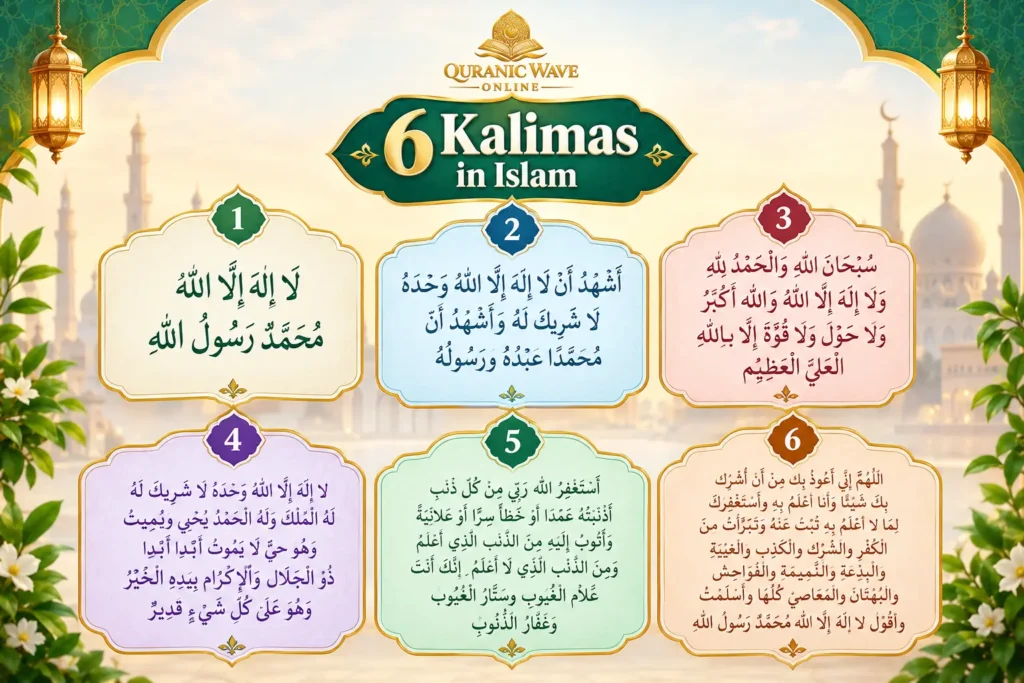 Infographic and title graphic for the 6 Kalimas in Islam, featuring Arabic calligraphy, Islamic landmarks, and text outlining the six declarations of faith.