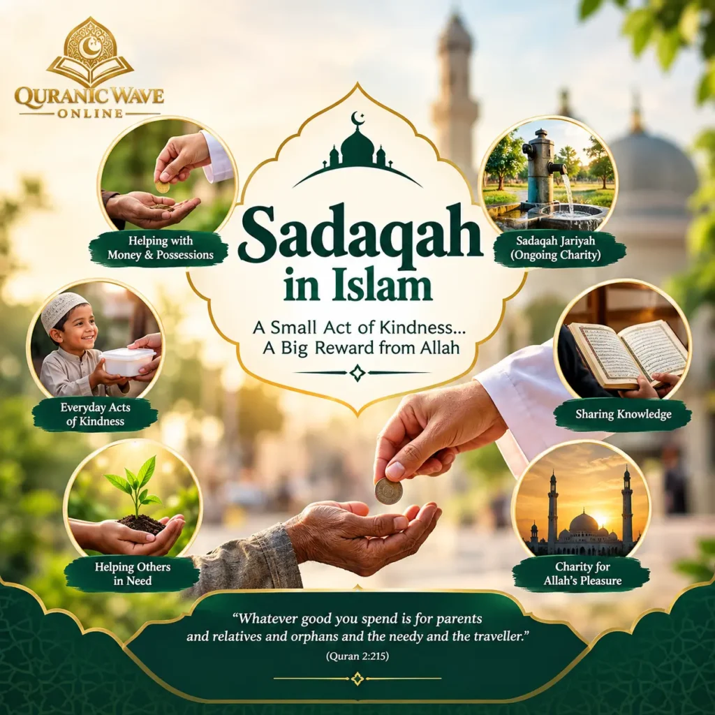 What is Sadaqah in Islam rules rewards and types concept illustration