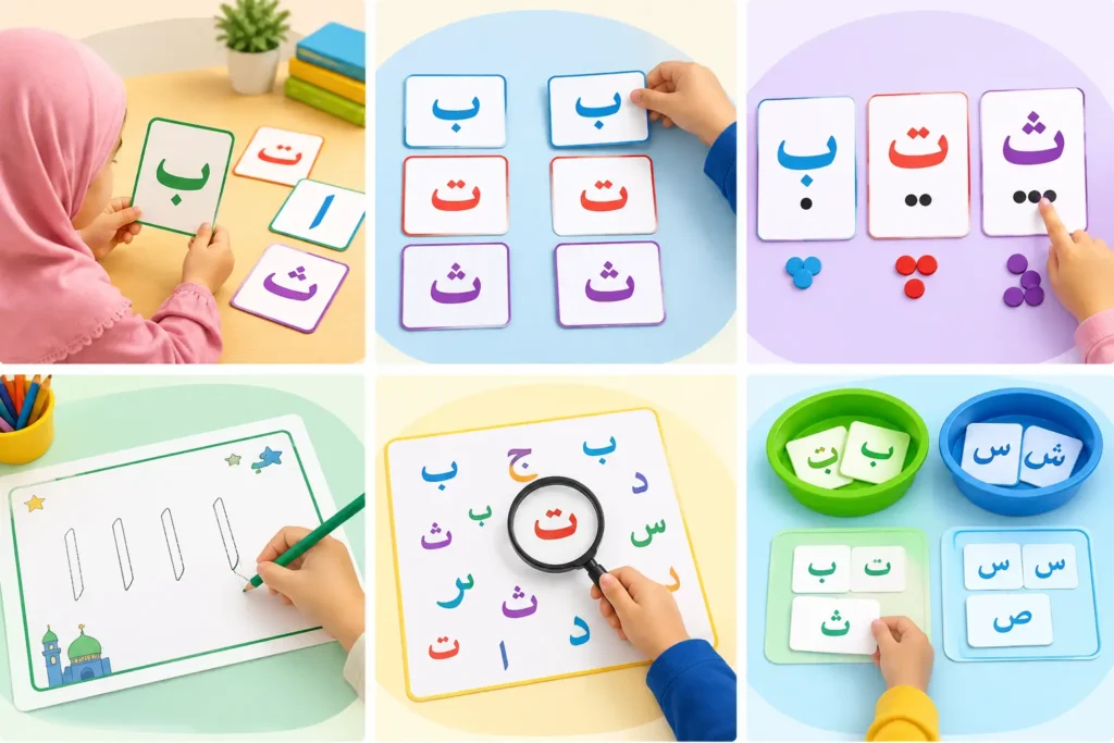 Young children practicing the Arabic alphabet using colorful matching flashcards and learning activity sheets.