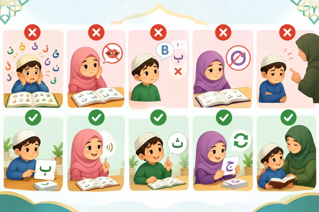 Colorful grid showing correct and incorrect ways for children to practice learning the Arabic alphabet.