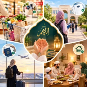 Personal routine showing Istikhara prayer and dua incorporated into daily life actions like shopping, meetings, and planning.
