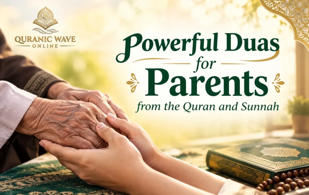 Illustration of a family reading Quran with text Dua for Parents from Quran and Sunnah