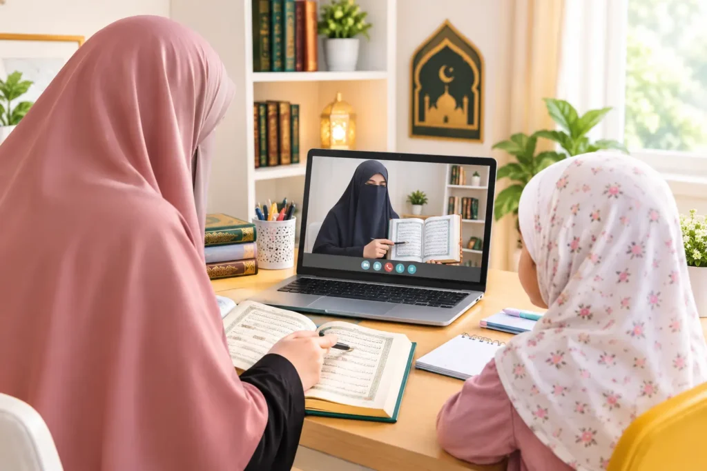 Female Quran teacher for kids conducting an online lesson with a young student