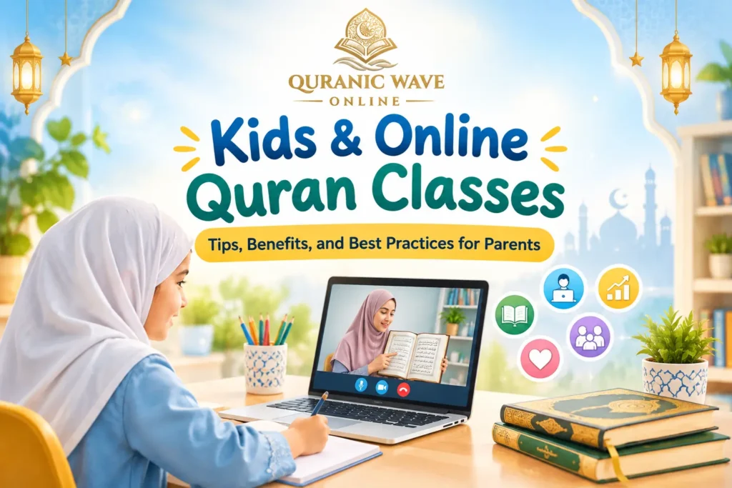 A young girl attending online Quran classes for kids on a laptop with an online Quran tutor on screen.