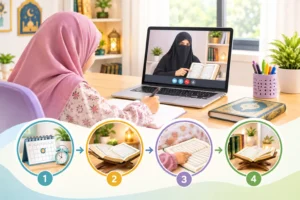 Female Quran teacher for kids conducting an online lesson