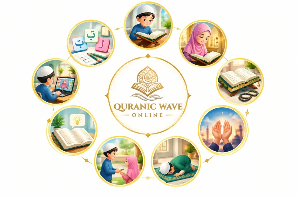 Educational icons illustrating the Quranic Wave learning process and Arabic alphabet for beginners.