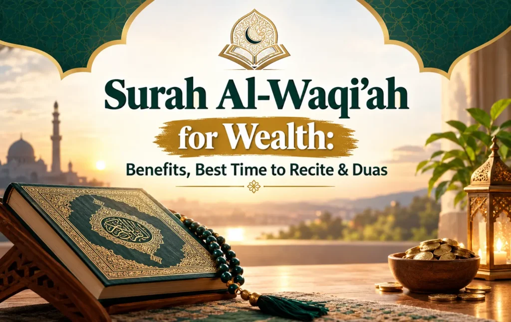 Surah Al-Waqiah text with prayer beads and mosque artwork representing spiritual blessings