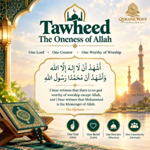 llustration representing Tawheed (the Oneness of Allah) in Islam, featuring Islamic geometric motifs, calligraphy elements, and themes of faith.